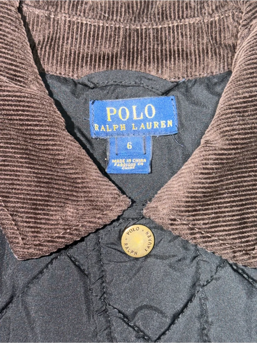 Polo Ralph Lauren Kids Black Quilted Barn Jacket Brown Corduroy Collar Size 6
